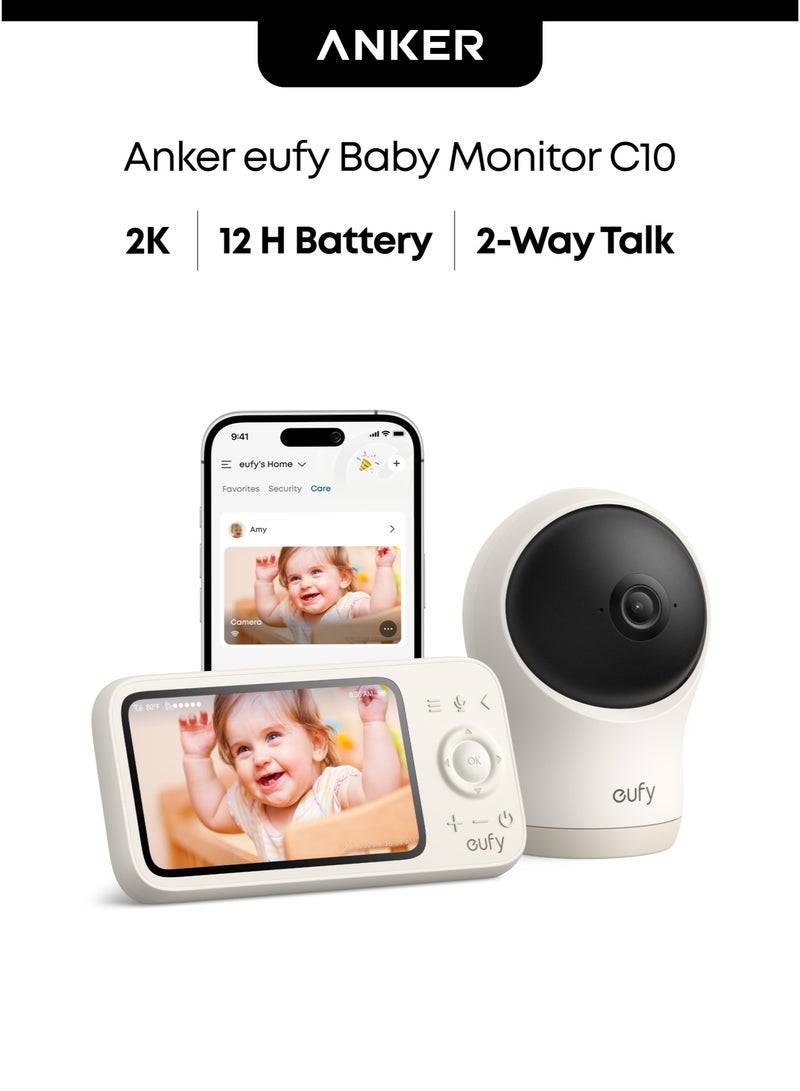 eufy Baby Monitor C10 with 2K HD Camera, 4.5" 480p Display, 4× Zoom, Pan-Tilt, Night Vision, Hybrid Wi-Fi & No Wi-Fi Connection, 12 H Battery, Motion, Cry, Noises, Temperature Alters, 2-Way Talk, VOX - Image 1