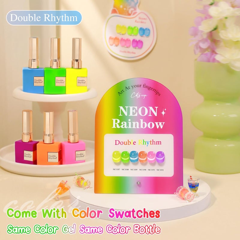 Double Rhythm Cat Eye Gel Nail Polish Set of 6 Same Color Same Bottle 0.5 Oz Shimmer Glitter with Magnet Holographic Reflective Magnetic UV Polish Kit at Home (Neon Orange Red Blue Green-T6-34) - Image 2