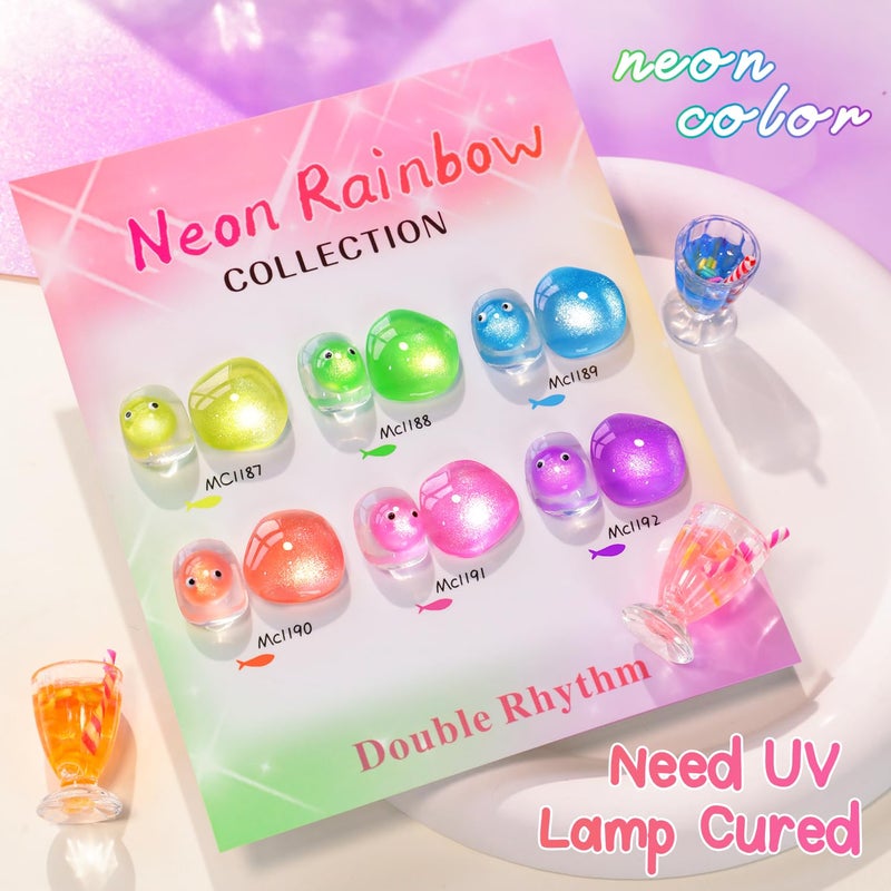 Double Rhythm Cat Eye Gel Nail Polish Set of 6 Same Color Same Bottle 0.5 Oz Shimmer Glitter with Magnet Holographic Reflective Magnetic UV Polish Kit at Home (Neon Orange Red Blue Green-T6-34) - Image 4