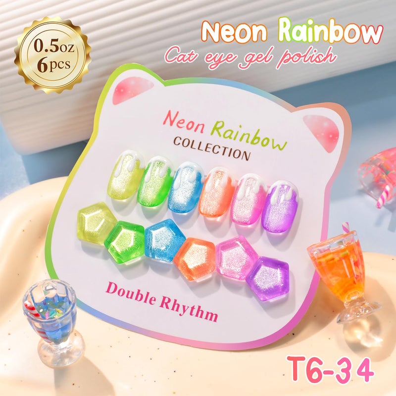 Double Rhythm Cat Eye Gel Nail Polish Set of 6 Same Color Same Bottle 0.5 Oz Shimmer Glitter with Magnet Holographic Reflective Magnetic UV Polish Kit at Home (Neon Orange Red Blue Green-T6-34) - Image 3