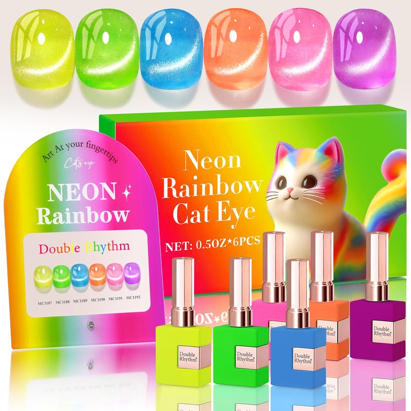 Double Rhythm Cat Eye Gel Nail Polish Set of 6 Same Color Same Bottle 0.5 Oz Shimmer Glitter with Magnet Holographic Reflective Magnetic UV Polish Kit at Home (Neon Orange Red Blue Green-T6-34) - Image 1