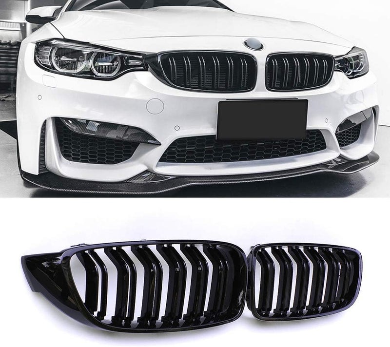 SNA F32 Kidney Grill Fit for BMW 4 Series F32 F33 F36 (2014-2019) F82 M4 F80 M3 (2015-2019) (Black Double Slats ABS Grille, 2-pc Set) - Image 1