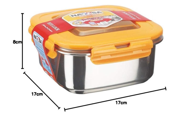 NAYASA Nayasa Square Eco Lock 230 ml Stainless Steel Lunch Box | Leak Proof Tiffin Box with 4 Side Clip Lock - Set of 2 | Orange - Image 3
