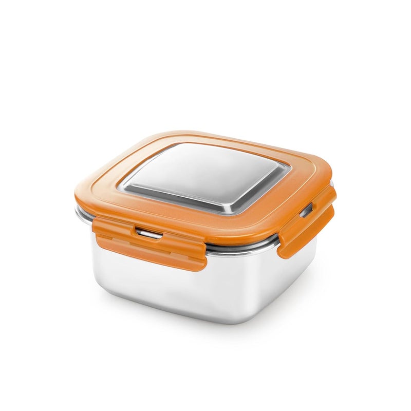 NAYASA Nayasa Square Eco Lock 230 ml Stainless Steel Lunch Box | Leak Proof Tiffin Box with 4 Side Clip Lock - Set of 2 | Orange - Image 1