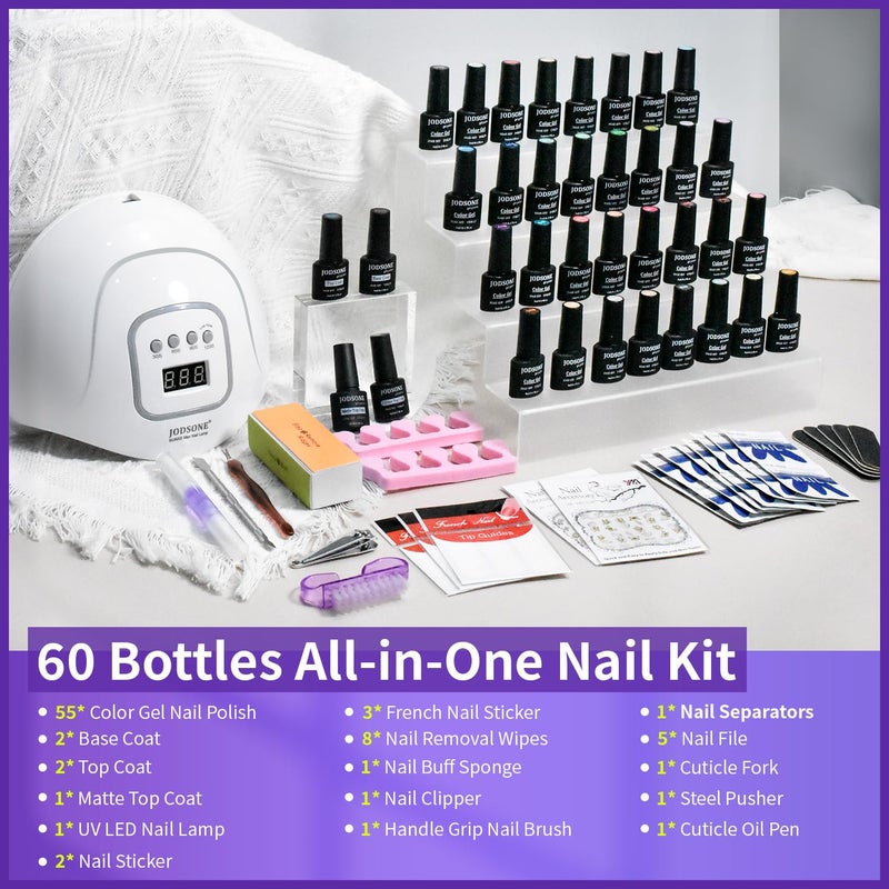 JODSONE 60 Bottles of Gel Nail Polish Kit with U V Light 55 Kinds of Gorgeous and Charming Gel Polish Kit 5 Pieces Soak off Glossy Matte Top Coat Base Coat - Image 3