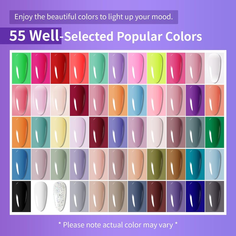 JODSONE 60 Bottles of Gel Nail Polish Kit with U V Light 55 Kinds of Gorgeous and Charming Gel Polish Kit 5 Pieces Soak off Glossy Matte Top Coat Base Coat - Image 2