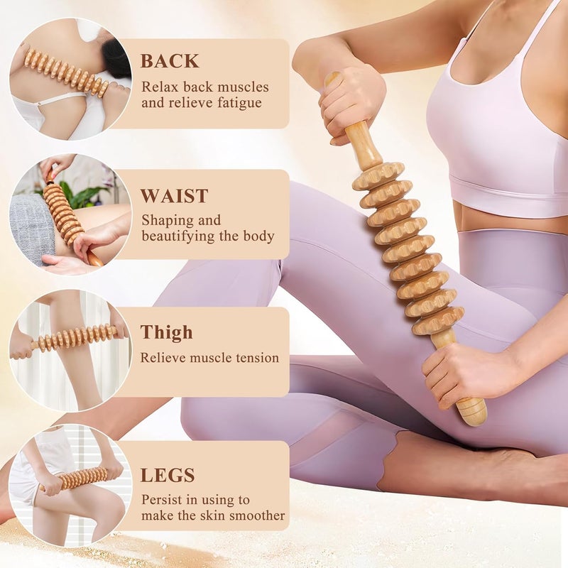 Xokocli Wood Massage Roller Wood Therapy Massage Tools Body Roller Cellulite Roller Fascia Blaster Muscle Roller Wooden Massager for Lymphatic Drainage, Maderoterapia, Pain Relief(White 9-Wheel) - Image 2