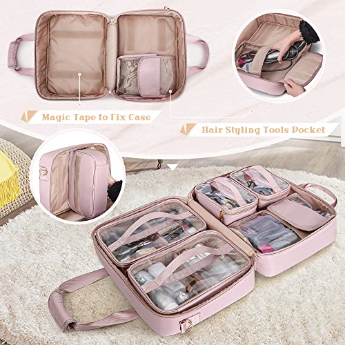 Prokva Professional Makeup Artist Travel Case with 4 Detachable Cosmetic Bags, Large Make up Organizer Bag with Makeup Kit Storage Section and Hair Tools Pocket, Pink (Empty Bag Only) - Image 3