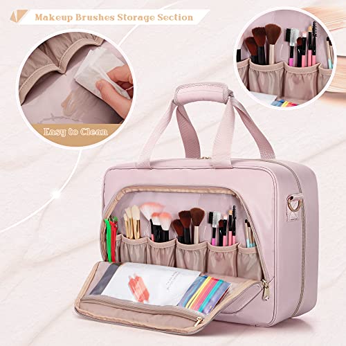 Prokva Professional Makeup Artist Travel Case with 4 Detachable Cosmetic Bags, Large Make up Organizer Bag with Makeup Kit Storage Section and Hair Tools Pocket, Pink (Empty Bag Only) - Image 4