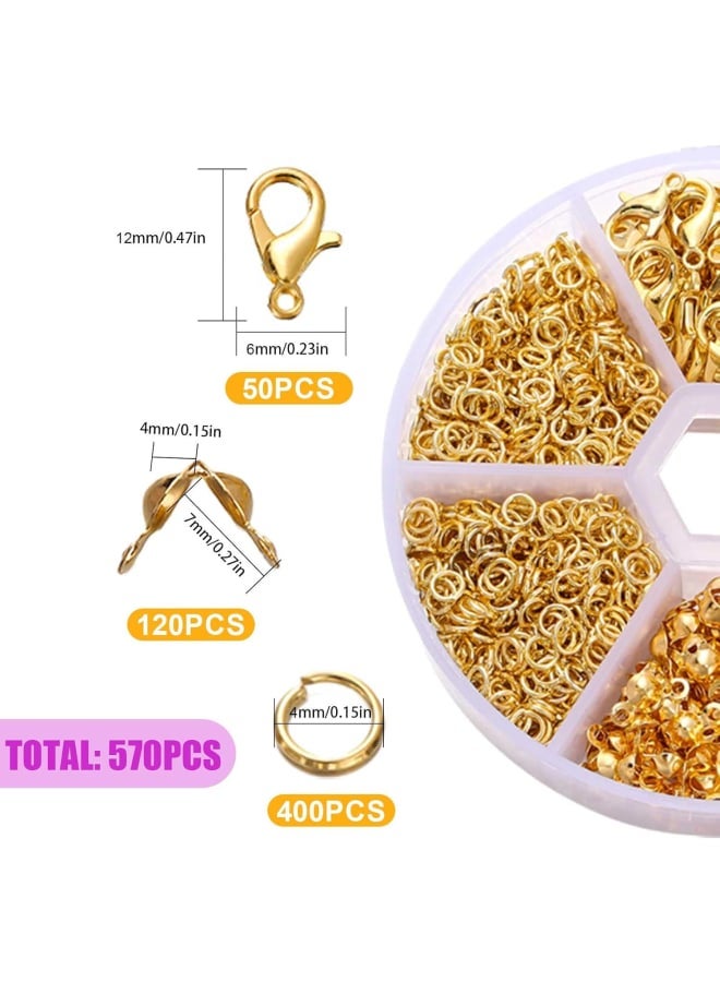 570 Pcs Jewelry Findings Tools, Jewelry Making Finding Accessories Set, 400pcs Open Jump Rings 120pcs Bead Tips Knot Covers 50pcs Lobster Claw Clasp, Jump Rings Jewelry Making Supplies (Gold) - Image 2
