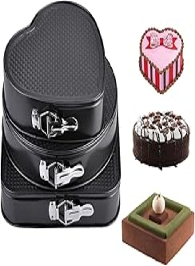 Warmht Springform Cake Pan Set, Round and Square Heart Shape Cake Pan Set of 3 (8/9/10 Inch) Black