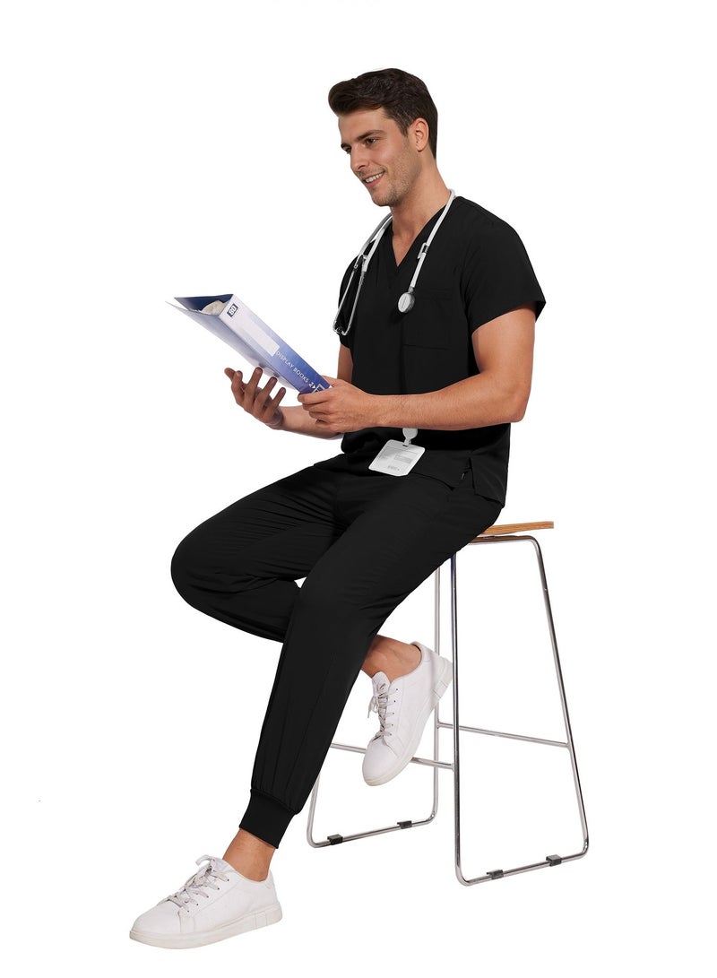 Men Women's Medical Scrubs Set V-neck Top & Tapered Leg Jogger Pants with Drawstring Medical Nurse Uniform for Hospital Scrub Suit Uniforms for Summer (Black) - Image 5