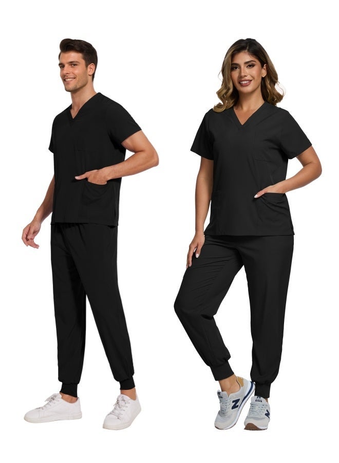 Men Women's Medical Scrubs Set V-neck Top & Tapered Leg Jogger Pants with Drawstring Medical Nurse Uniform for Hospital Scrub Suit Uniforms for Summer (Black) - Image 4