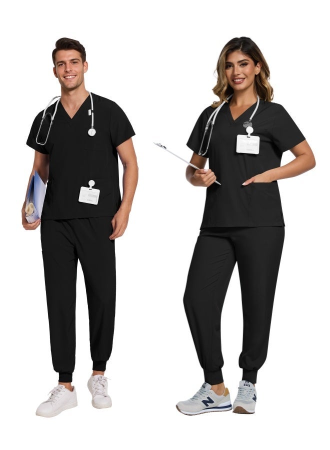 Men Women's Medical Scrubs Set V-neck Top & Tapered Leg Jogger Pants with Drawstring Medical Nurse Uniform for Hospital Scrub Suit Uniforms for Summer (Black) - Image 3