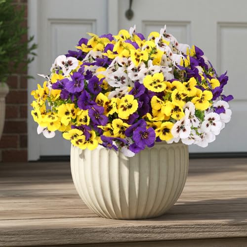 CEWOR 12 Bundles Artificial Flowers for Outdoor Indoor, Fake Silk Pansy with Eucalyptus Leaves, Faux Flower for Garden Front Door Porch Planter Patio Home Decor (Yellow White Purple) - Image 1