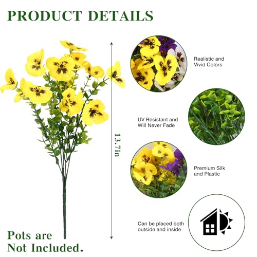 CEWOR 12 Bundles Artificial Flowers for Outdoor Indoor, Fake Silk Pansy with Eucalyptus Leaves, Faux Flower for Garden Front Door Porch Planter Patio Home Decor (Yellow White Purple) - Image 2