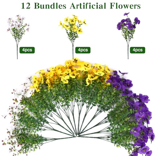 CEWOR 12 Bundles Artificial Flowers for Outdoor Indoor, Fake Silk Pansy with Eucalyptus Leaves, Faux Flower for Garden Front Door Porch Planter Patio Home Decor (Yellow White Purple) - Image 3