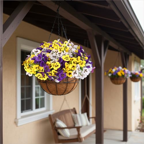CEWOR 12 Bundles Artificial Flowers for Outdoor Indoor, Fake Silk Pansy with Eucalyptus Leaves, Faux Flower for Garden Front Door Porch Planter Patio Home Decor (Yellow White Purple) - Image 5