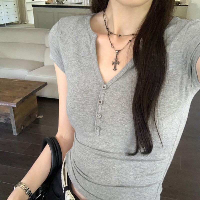 Spot Real S, Chic And Unique Studded V Neck, Right Shoulder, Short-Sleeved T-Shirt For Women, Summer Style, Fashionable And Foreign Style - Image 1