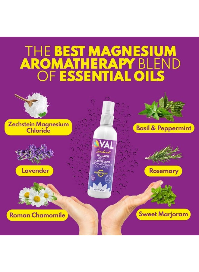 VAL - Natural Migraine Relief Magnesium Spray With Relaxant Magnesium Oil Lavender Essential Oil Peppermint Oil Headache Relief Best Magnesium Formula For Tension And Cluster Headaches 4Oz - Image 1