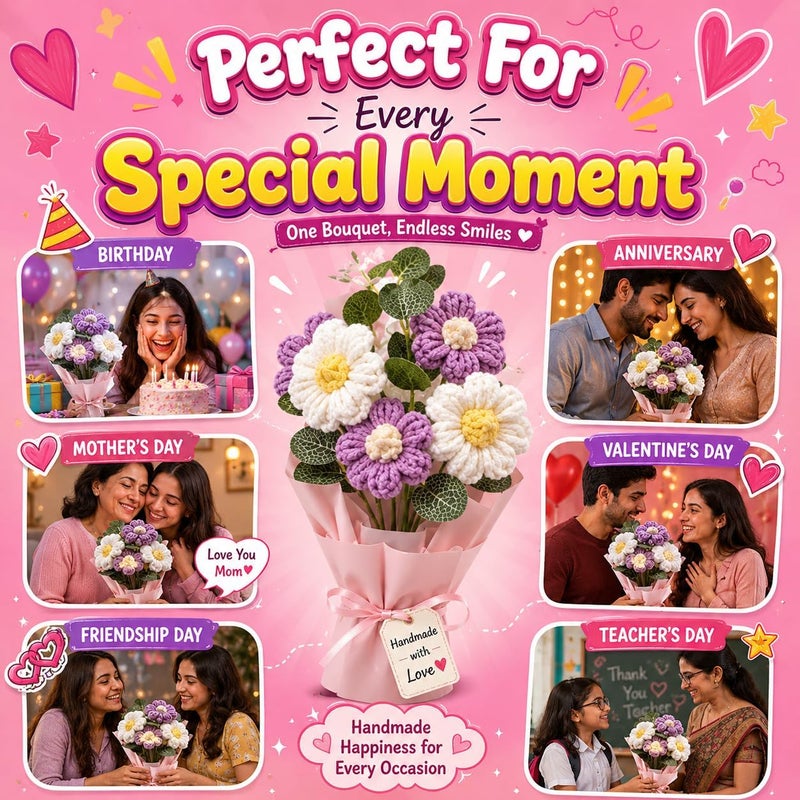 Quace Artificial Crochet Flower/Artificial Flower Bouquet Pink Daisy Bouquet Gift for Girls Home Decor,Gifting,etc. - Image 3