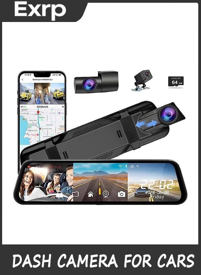Exrp 3 Channel Mirror Dash Camera for Cars, 10" Triple Rear View Mirror with Front 2K, Inside and Rear 1080P with WiFi, Reverse Assist, Parking Monitoring - Image 1