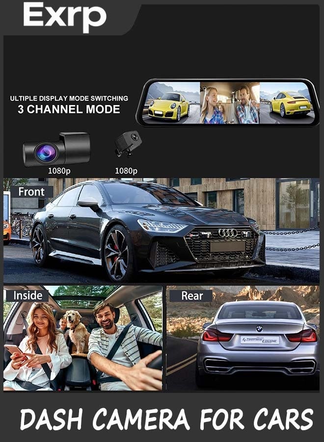 Exrp 3 Channel Mirror Dash Camera for Cars, 10" Triple Rear View Mirror with Front 2K, Inside and Rear 1080P with WiFi, Reverse Assist, Parking Monitoring - Image 4
