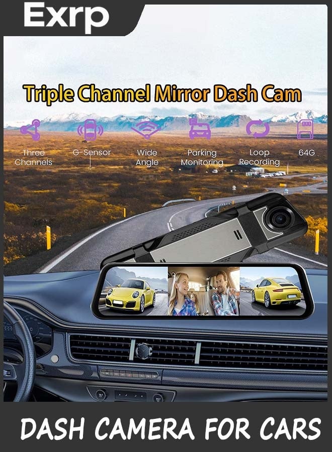 Exrp 3 Channel Mirror Dash Camera for Cars, 10" Triple Rear View Mirror with Front 2K, Inside and Rear 1080P with WiFi, Reverse Assist, Parking Monitoring - Image 5