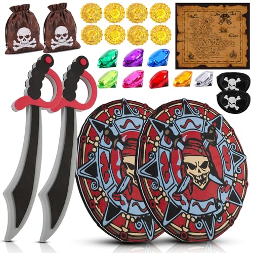 RICHNESS Kids Play Swords and Shields Foam Sword and Shield with Pirate Map and Treasures Toy Weapons for Kids Dress Up and Costumes Pack of 2 Players - Image 1