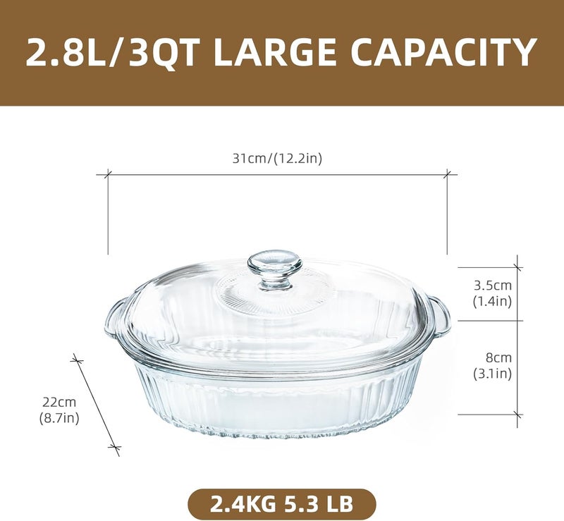 Luvan 28L3Qt Glass Casserole Dish with Lid Ribbed Oval Glass Baking Dish for Oven  Microwave Clear LeadFree Covered Casserole Cookware Versatile Deep Glass Food Container for Baking Cooking - Image 2