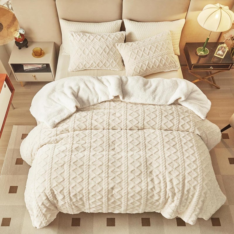 Joyreap 3-Piece Fluffy Faux Fur Sherpa Comforter Set Beige, Queen Size Luxury Tufted Bedding Comforter Set, All Season Soft n Cozy Plush Comforter Bed Set- 88x88 inches - Image 4