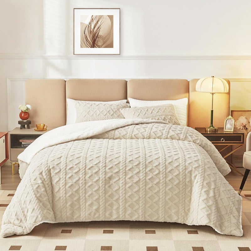 Joyreap 3-Piece Fluffy Faux Fur Sherpa Comforter Set Beige, Queen Size Luxury Tufted Bedding Comforter Set, All Season Soft n Cozy Plush Comforter Bed Set- 88x88 inches - Image 2
