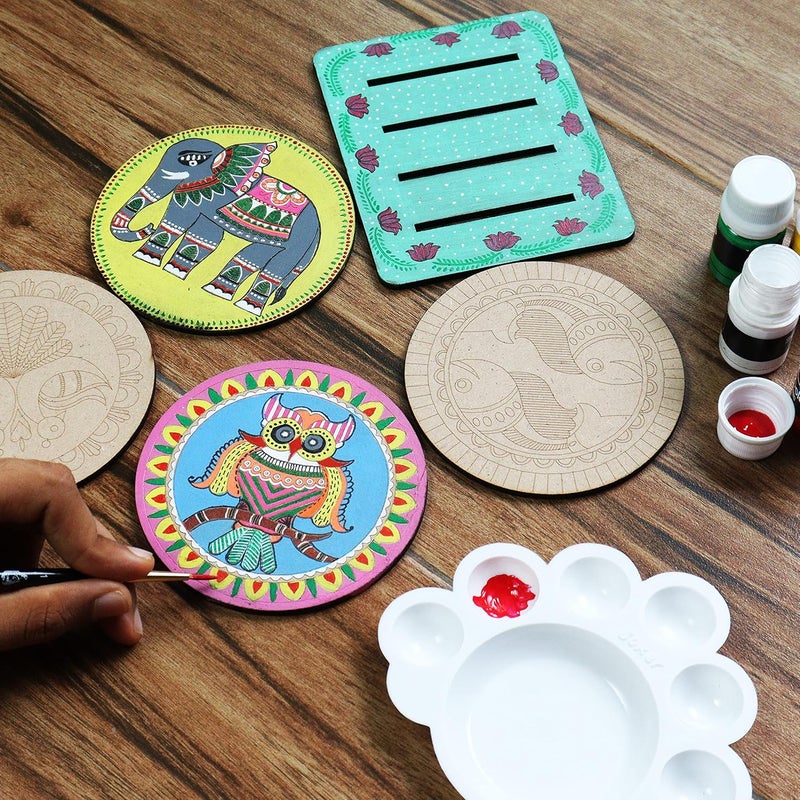 SOLOBOLO Madhubani Painting Kit Tea Coasters with Stand, Art and Craft kit for Girls 9-12, Coaster DIY Craft Kit, Painting kit for Kids 6-12, Gift for Children's (Pack of 3, Multicolor) - Image 2