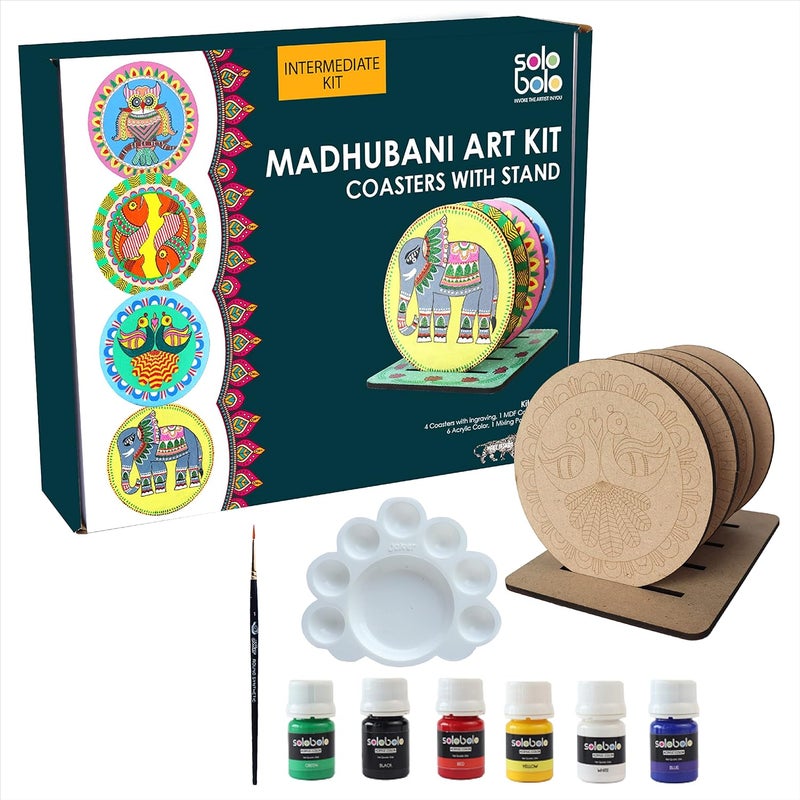 SOLOBOLO Madhubani Painting Kit Tea Coasters with Stand, Art and Craft kit for Girls 9-12, Coaster DIY Craft Kit, Painting kit for Kids 6-12, Gift for Children's (Pack of 3, Multicolor) - Image 3