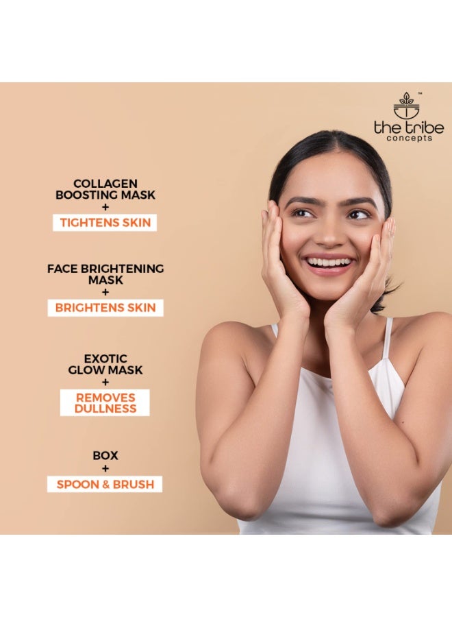 The Tribe Concepts Facial Kit With Face Brightening Daily Cleanser, Exotic Face Glow, Collagen Mask Powder, Masking Brush, Wooden Spoon, Perfect Gift for Any Occasion, 15g Each - Combo Pack of 5 - Image 4
