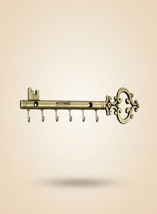 FITTINGO Royal Chavi Key Holder for Wall, Brass Antique Chabi Shape Key Stand with 6 Hooks, Metal Wall Mount Key Hanger, Decorative Key Rack for Home Entrance Living Room, Housewarming Gift 23x5 cm - Image 1