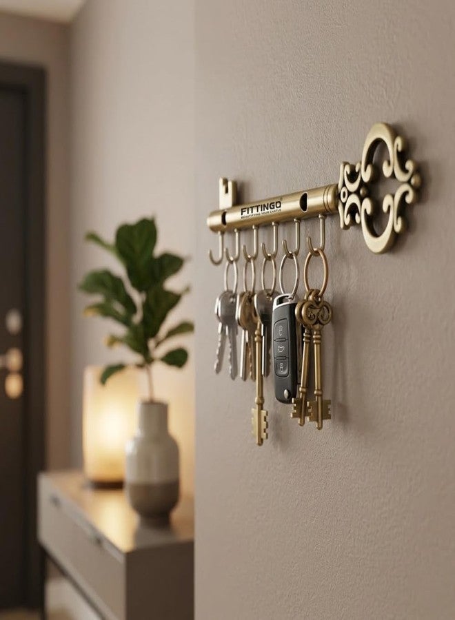 FITTINGO Royal Chavi Key Holder for Wall, Brass Antique Chabi Shape Key Stand with 6 Hooks, Metal Wall Mount Key Hanger, Decorative Key Rack for Home Entrance Living Room, Housewarming Gift 23x5 cm - Image 3