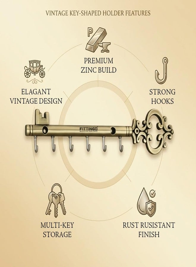 FITTINGO Royal Chavi Key Holder for Wall, Brass Antique Chabi Shape Key Stand with 6 Hooks, Metal Wall Mount Key Hanger, Decorative Key Rack for Home Entrance Living Room, Housewarming Gift 23x5 cm - Image 5
