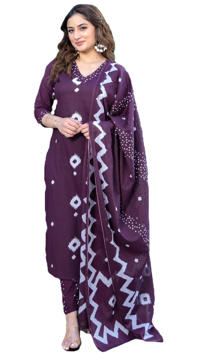 Arayna Women's Pure Cotton Bandhani Print Ethnic Kurta Set with Palazzo Pants & Dupatta, Burgundy Wine, Large - Image 1