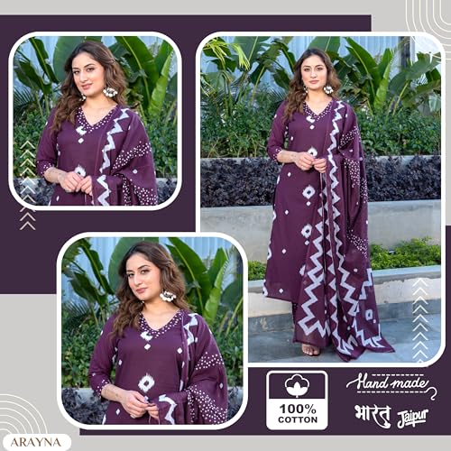 Arayna Women's Pure Cotton Bandhani Print Ethnic Kurta Set with Palazzo Pants & Dupatta, Burgundy Wine, Large - Image 5