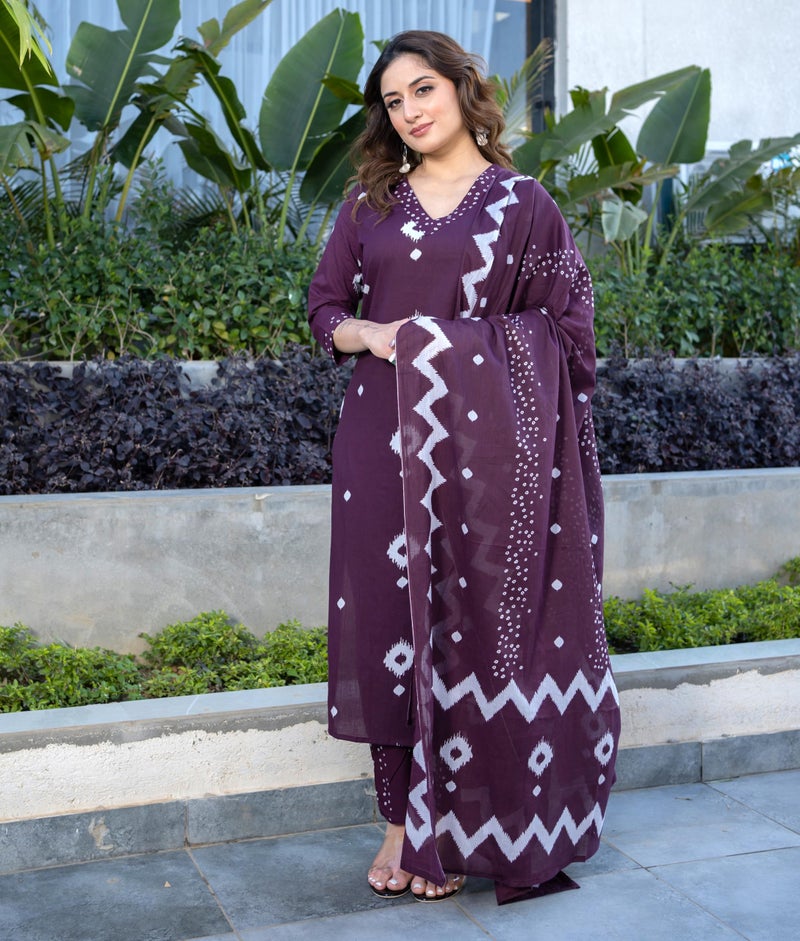 Arayna Women's Pure Cotton Bandhani Print Ethnic Kurta Set with Palazzo Pants & Dupatta, Burgundy Wine, Large - Image 2