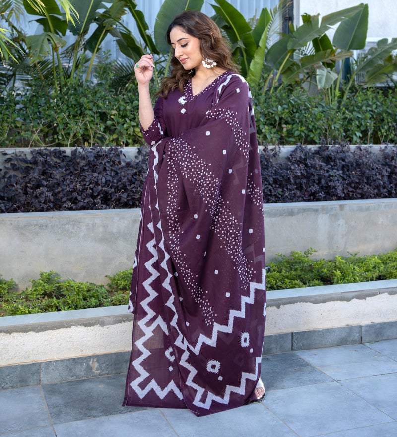 Arayna Women's Pure Cotton Bandhani Print Ethnic Kurta Set with Palazzo Pants & Dupatta, Burgundy Wine, Large - Image 3