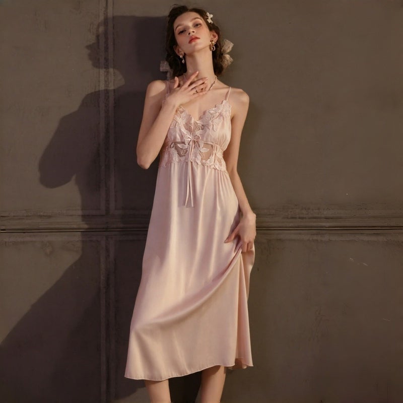 Chen Xie Summer Ice Silk Sexy Nightgown - Long Slip Dress for Home & Relaxation - Image 1
