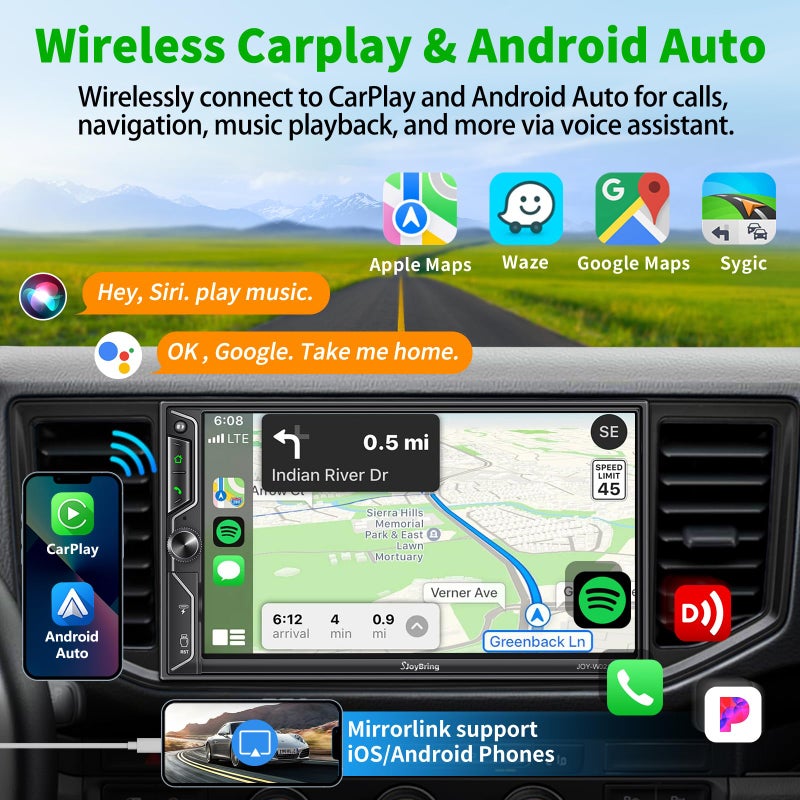 SJoyBring [QLED Screen Upgrade] 7" Double Din Car Stereo with Dash Cam, Wireless Apple CarPlay and Android Auto, Bluetooth, 240W 4.2-Channel Audio Output, MirrorLink, Backup Camera, AM/FM Car Radio - Image 2