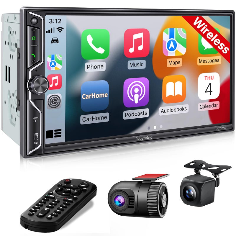 SJoyBring [QLED Screen Upgrade] 7" Double Din Car Stereo with Dash Cam, Wireless Apple CarPlay and Android Auto, Bluetooth, 240W 4.2-Channel Audio Output, MirrorLink, Backup Camera, AM/FM Car Radio - Image 1
