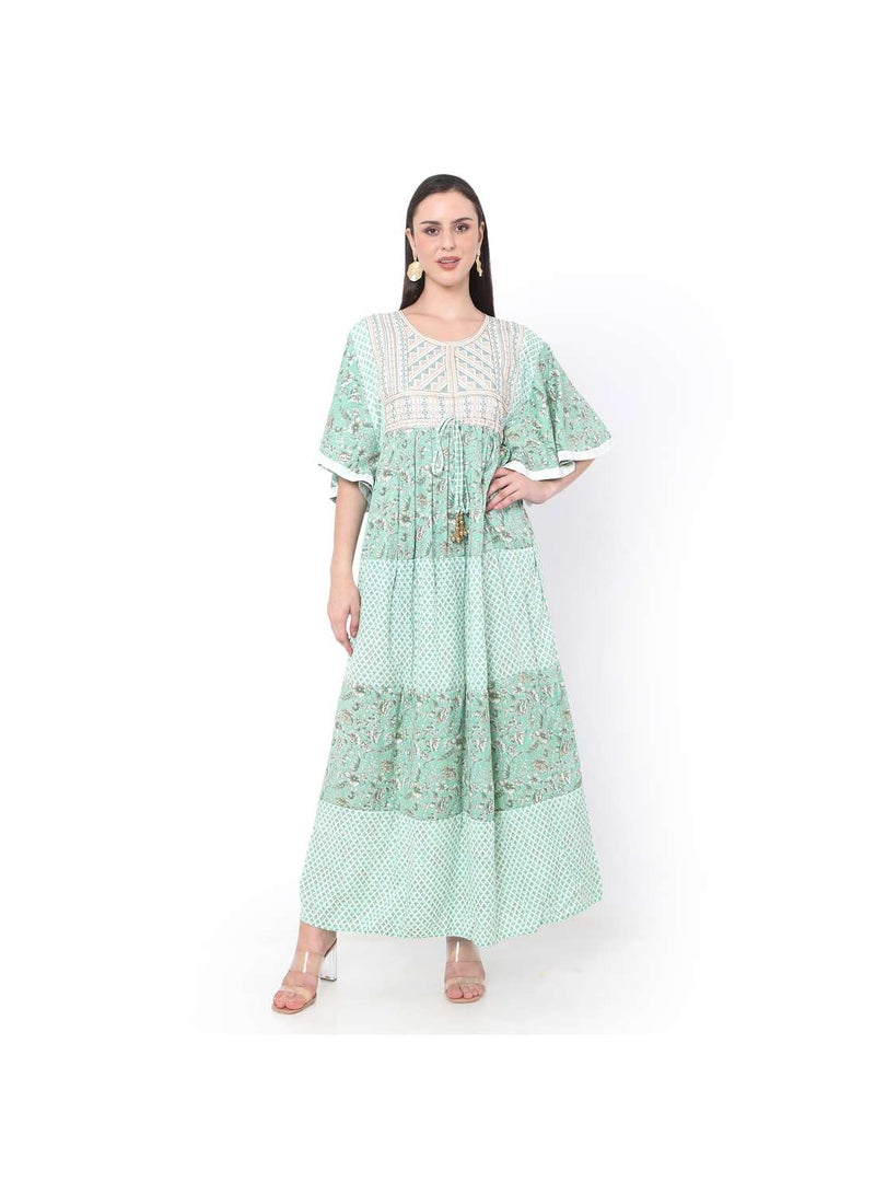 HANA & SARA GREEN COLOUR WITH EMBROIDERED AND PRINTED ARABIC JALABIYA DRESS  - Image 1