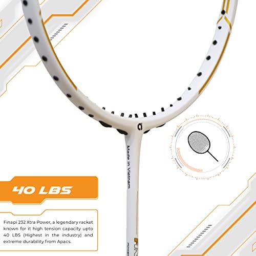 Apacs Finapi 232 Xtra Power (40LBS, 100% Top Grade UHM Japanese Graphite) Extra Strong Professional Unstrung Badminton Racket with Free Full Cover (White Gold) - Image 5