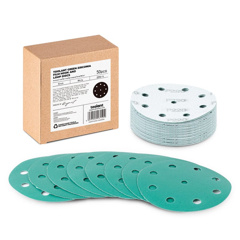 5 Inch 9 Hole 220 Grit Sanding Disc Hook and Loop Film Backing Sanding Discs Compatible with Festool Sanders by toolant 50 Pack