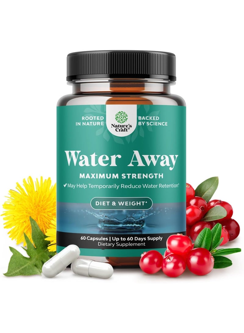 Water Away Herbal Diuretic Pills High Strength - Fluid Retention Supplement with Dandelion Leaf Extract & Green Tea for Bloating Relief for Women & Men - Capsules for Leg & Feet Swelling - 60 Count