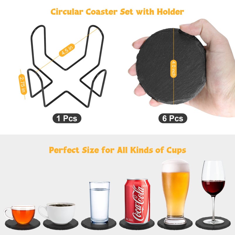 GLCON Black Slate Coasters for Drinks - Set of 6 - Anti-Scratch Drink Coasters with Holder - Natural Stone Coaster Bulk, Unique DIY Crafts - Cup Coaster Set for Home Decor, Bar, Coffee, Table - Image 3